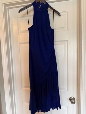 Vince Camuto Royal Blue High-Neck Draped High-Low Dress